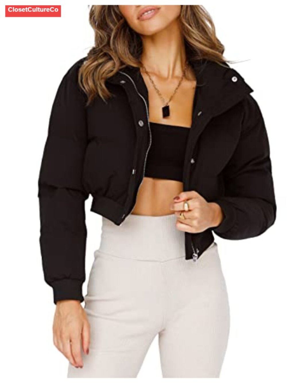 Womens Cropped Puffer Jacket Zip Up Quilted Winter Coat
